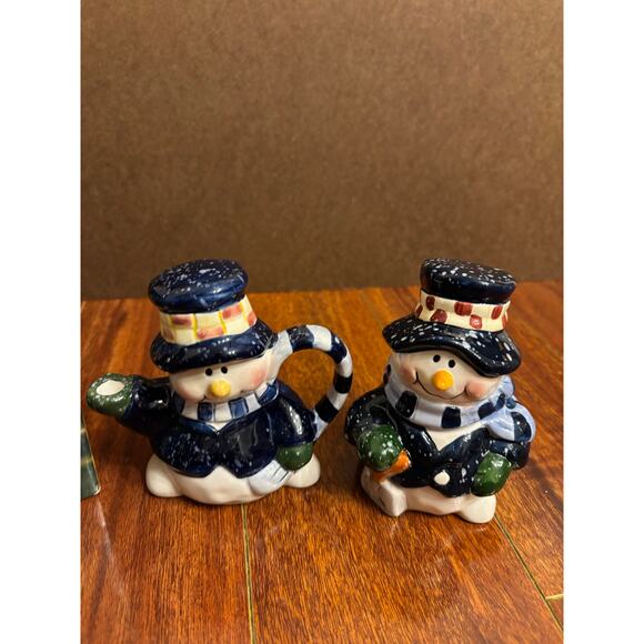 Vintage Heartfelt Kitchen Creations Snowman Blue Cream And Sugar Set Christmas - Picture 1 of 9